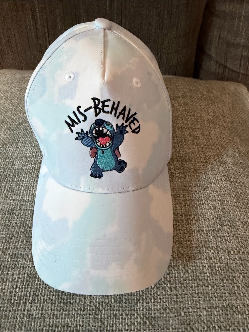‘Mis-Behaved' Embroidered Cartoon Baseball Cap - Light Blue Tie Dye